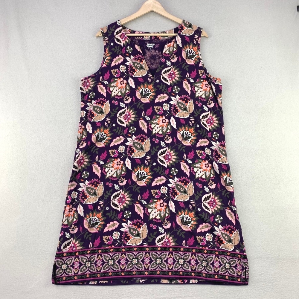 Lands End Floral Shift Dress Womens L Purple Sleeveless Cotton Pockets V-Neck